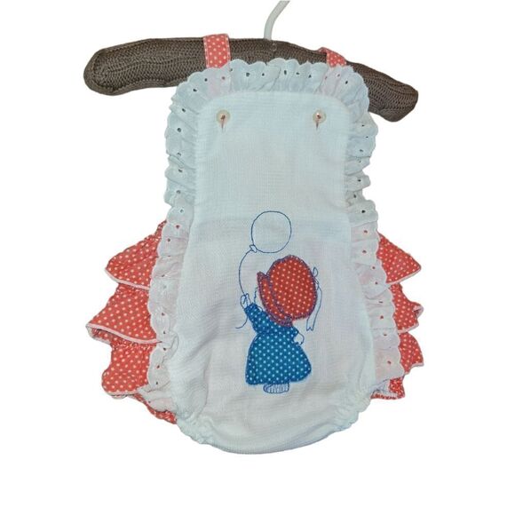 Vintage Baby Eyelet Embroidered Ruffle Bottom Bubble Romper 9m - Picture 1 of 10